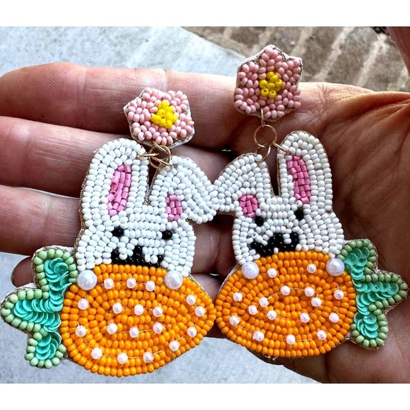 New Easter Bunny Earrings Handmade Beaded Rabbit Carrot Dangle Posts Em… - Picture 11 of 12